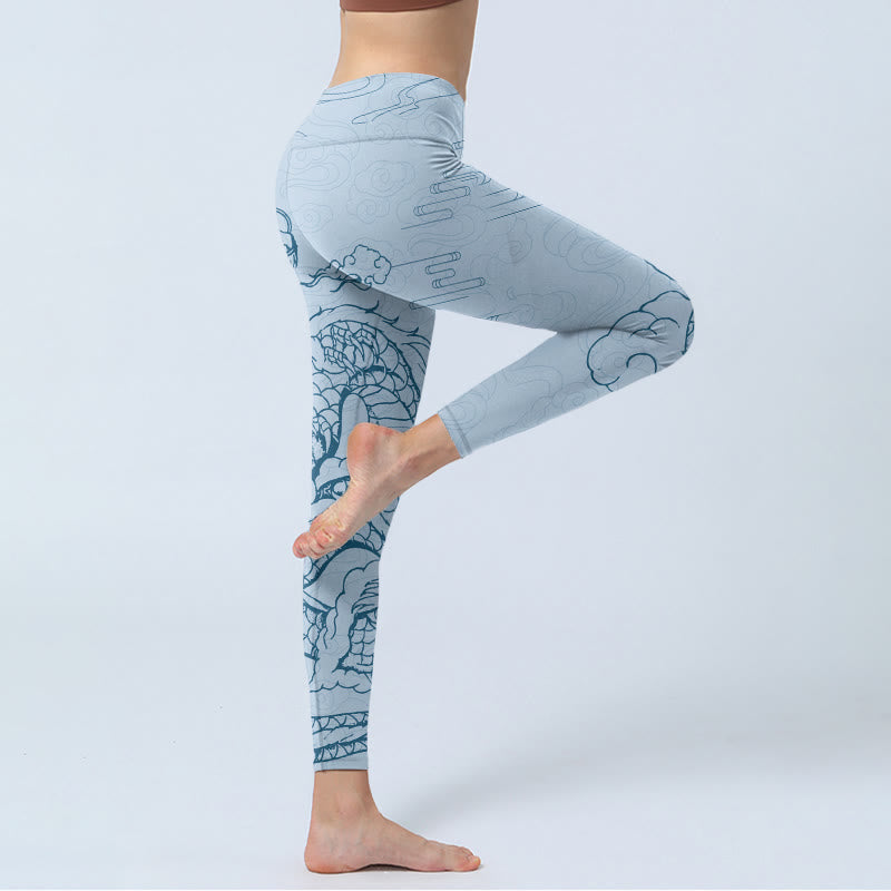 Buddha Stones Blue Soaring Dragon Swirling Clouds Print Gym Leggings Women's Yoga Pants - image 3