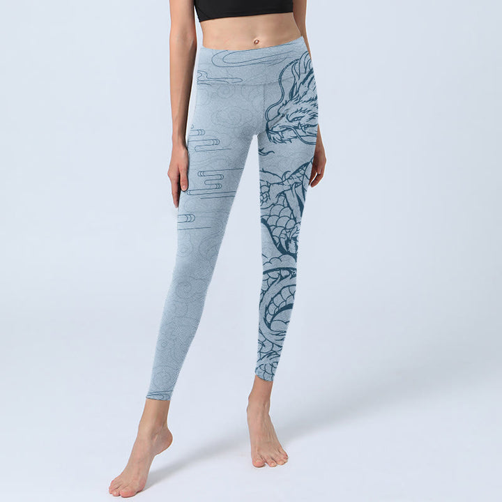 Buddha Stones Blue Soaring Dragon Swirling Clouds Print Gym Leggings Women's Yoga Pants - image 5