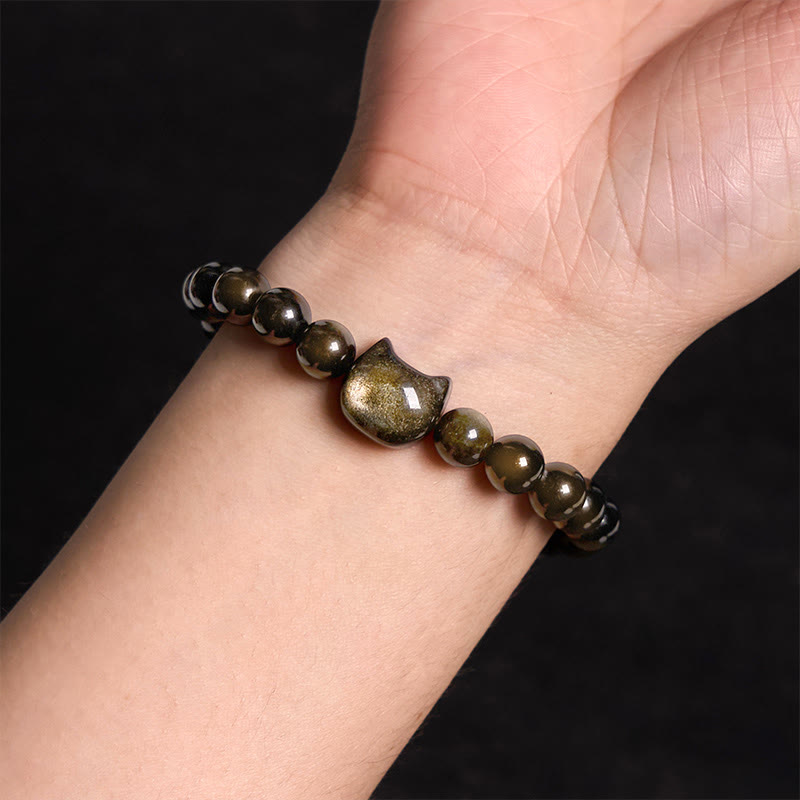 Buddha Stones Gold Sheen Obsidian Silver Sheen Obsidian Lovely Paw Lucky Cat Protection Bracelet - image 4