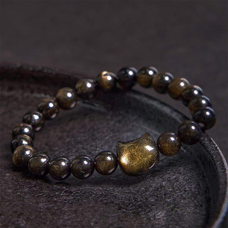 Buddha Stones Gold Sheen Obsidian Silver Sheen Obsidian Lovely Paw Lucky Cat Protection Bracelet - image 1