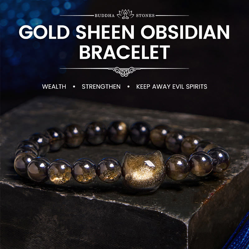 Buddha Stones Gold Sheen Obsidian Silver Sheen Obsidian Lovely Paw Lucky Cat Protection Bracelet - Gold Sheen Obsidian - Cat Head - 8mm - image 0