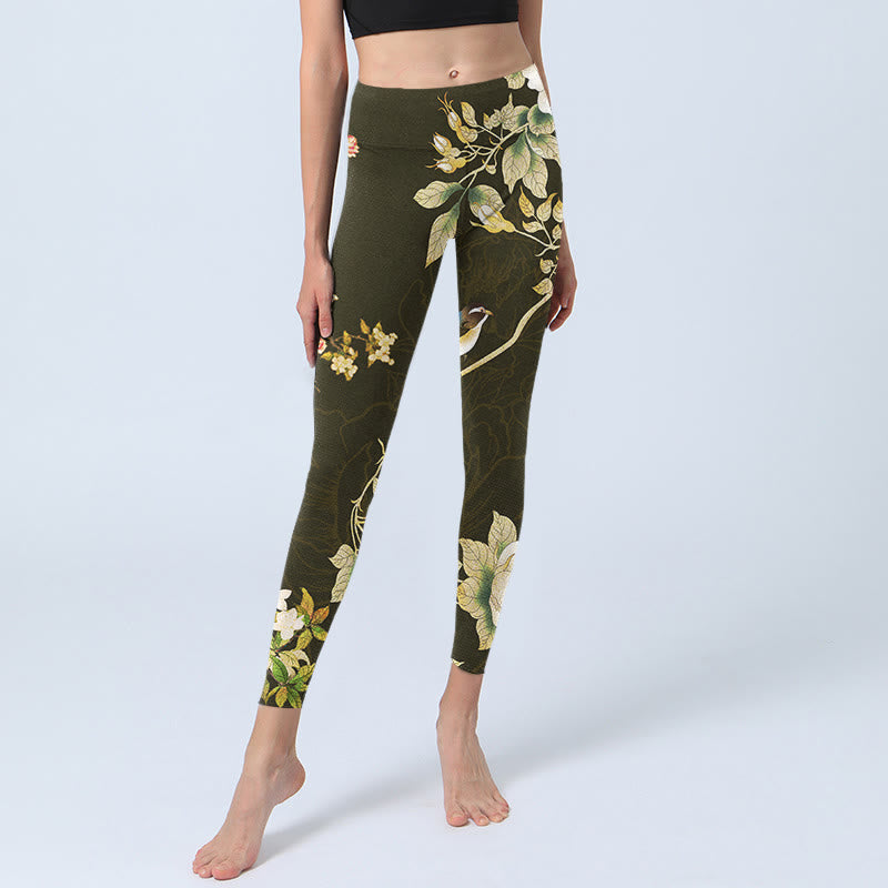 Buddha Stones Black Magnolia Flowers Print Gym Leggings Women's Yoga Pants - image 5