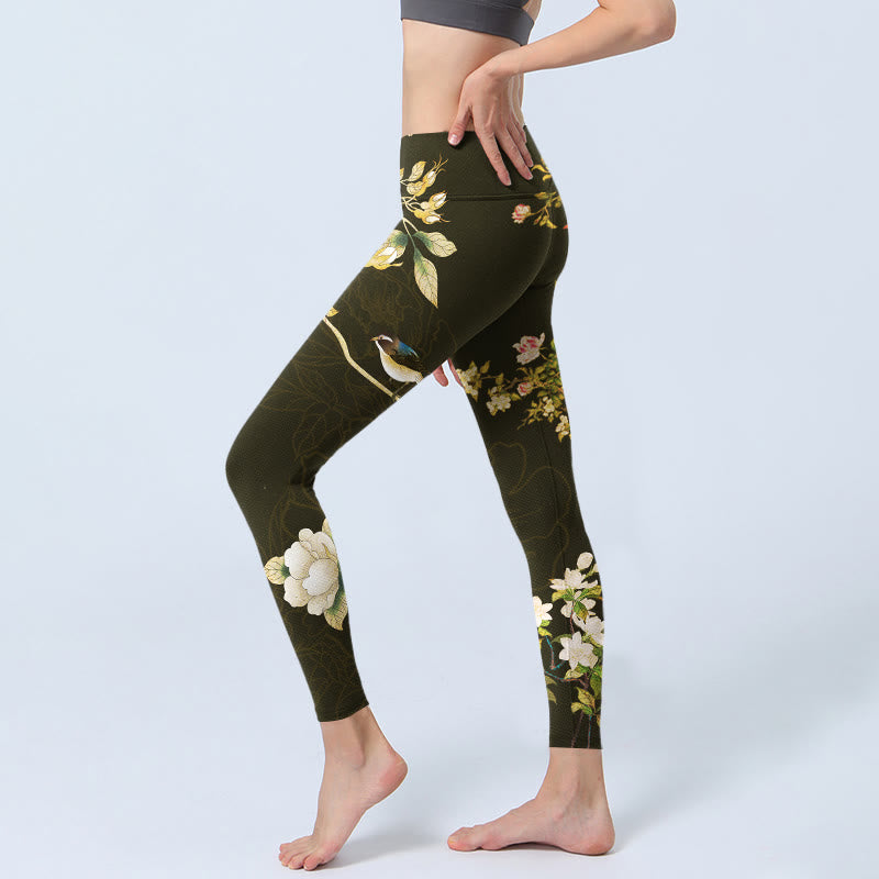 Buddha Stones Black Magnolia Flowers Print Gym Leggings Women's Yoga Pants - image 2