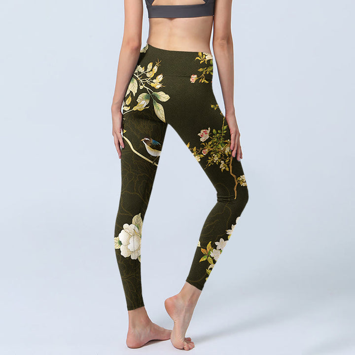 Buddha Stones Black Magnolia Flowers Print Gym Leggings Women's Yoga Pants - image 4