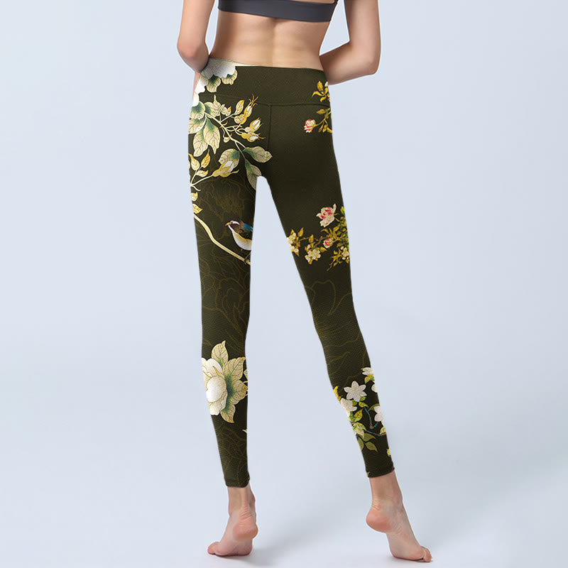 Buddha Stones Black Magnolia Flowers Print Gym Leggings Women's Yoga Pants - image 6