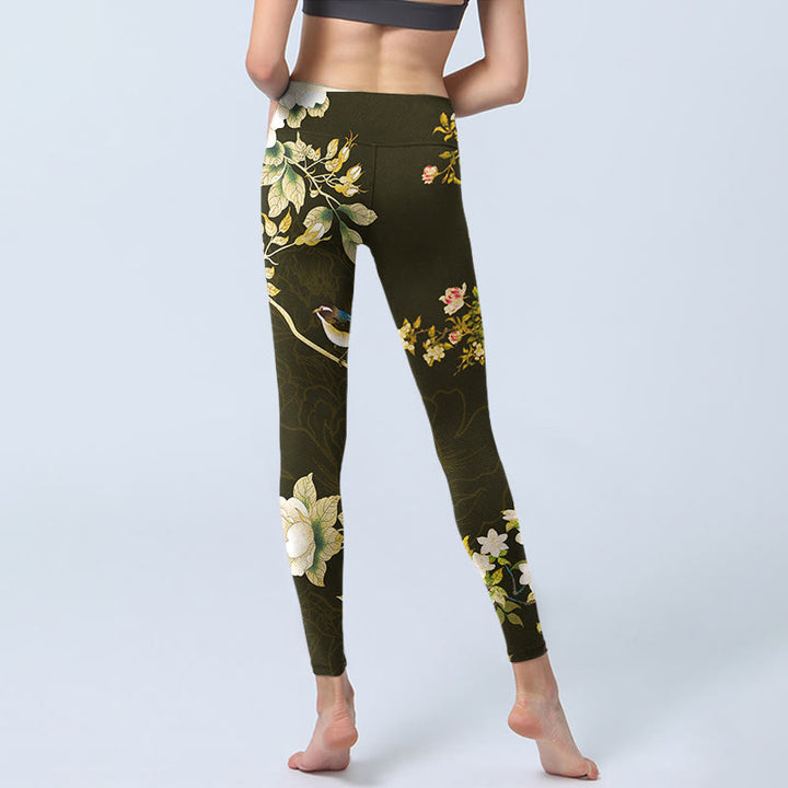 Buddha Stones Black Magnolia Flowers Print Gym Leggings Women's Yoga Pants - image 6