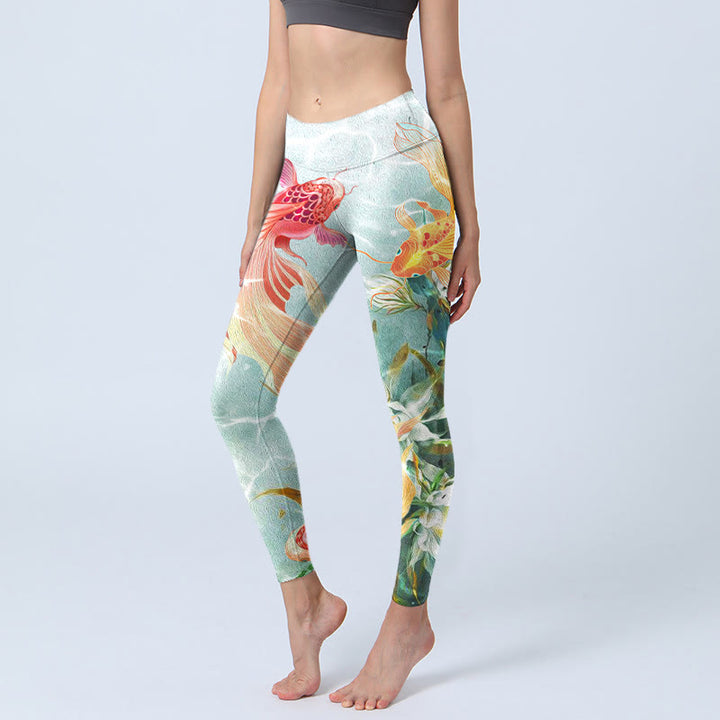 Buddha Stones Green Koi Fish White Lotus Water Ripples Print Gym Leggings Women's Yoga Pants - Honeydew - US18，UK/AU22，EU50 (4XL) - image 0