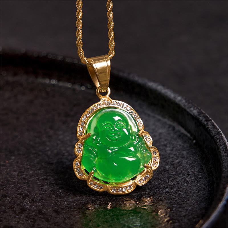 Buddha Stones 18K Gold Filled Laughing Buddha Jade Luck Necklace Chain Pendant - image 1