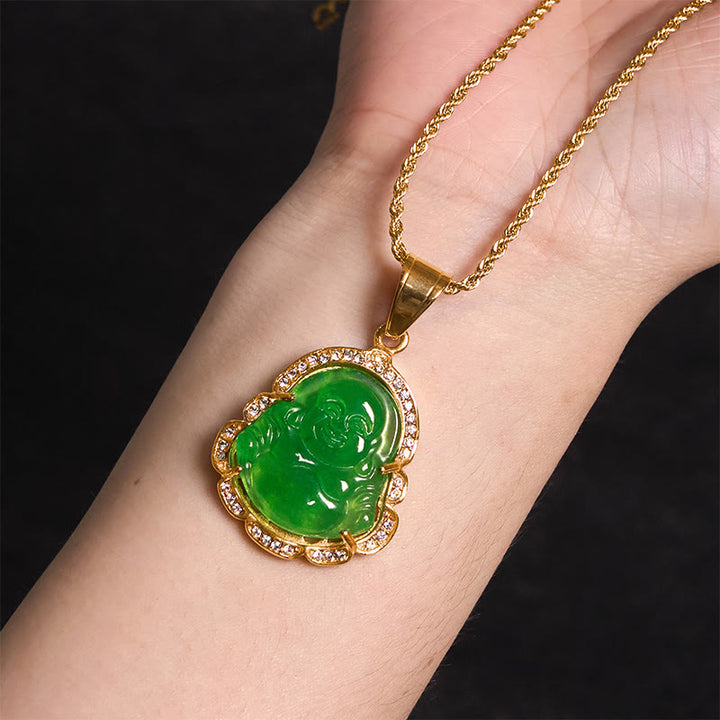 Buddha Stones 18K Gold Filled Laughing Buddha Jade Luck Necklace Chain Pendant - image 2