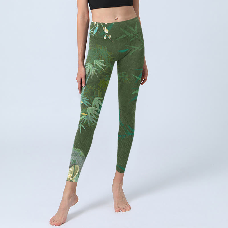 Buddha Stones Green Bamboo Rock Flower Print Gym Leggings Women's Yoga Pants - image 5