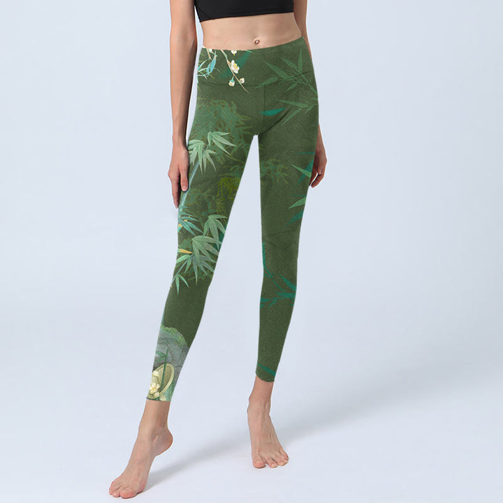 Buddha Stones Green Bamboo Rock Flower Print Gym Leggings Women's Yoga Pants - image 5