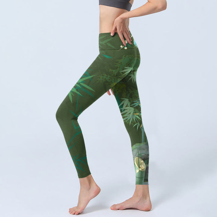 Buddha Stones Green Bamboo Rock Flower Print Gym Leggings Women's Yoga Pants - image 2