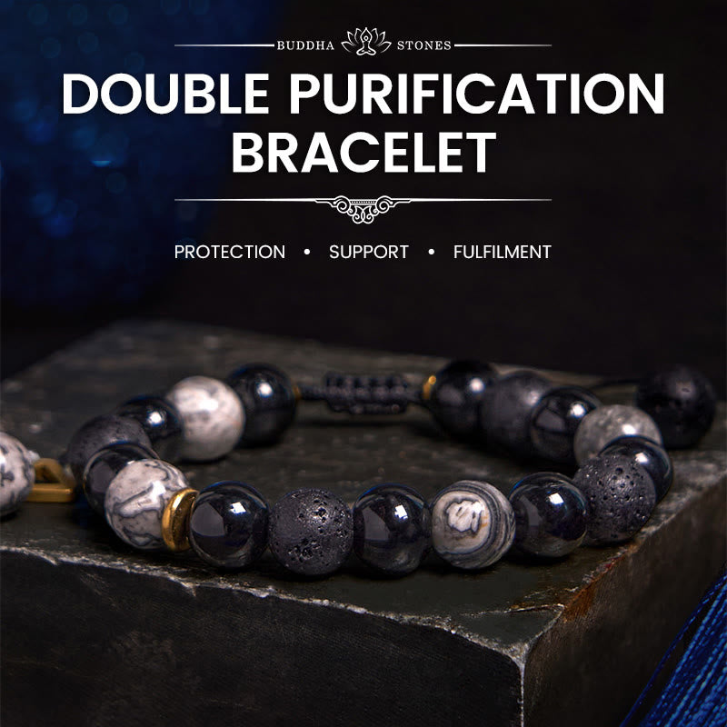 Buddha Stones Black Obsidian Lava Rock Stone Yin Yang Strength Bracelet - Black Obsidian&Lava Rock - image 0