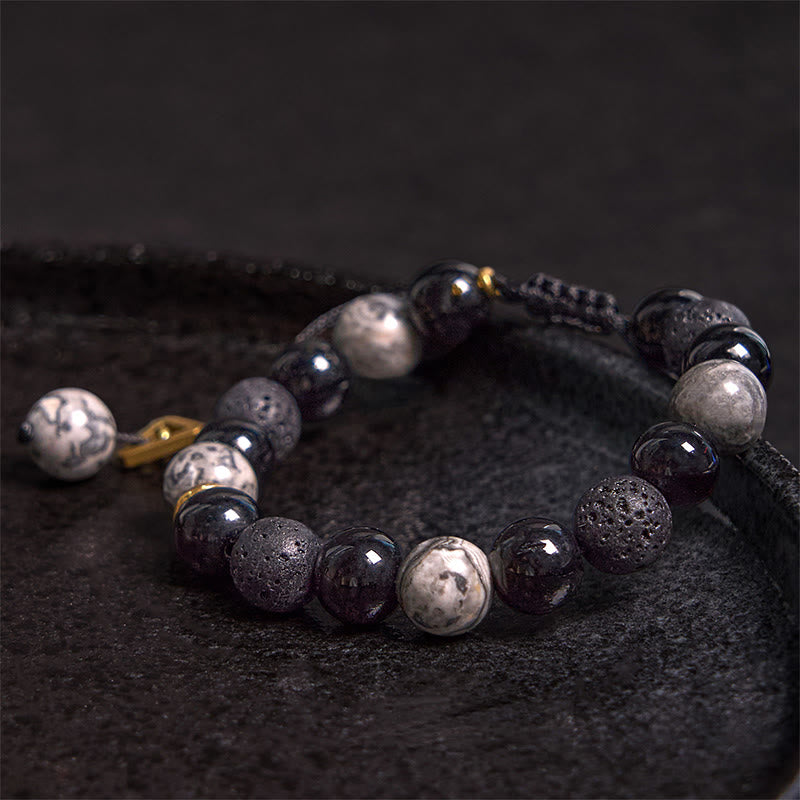 Buddha Stones Black Obsidian Lava Rock Stone Yin Yang Strength Bracelet - image 1