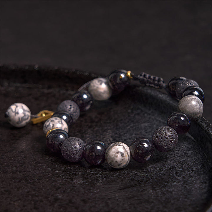 Buddha Stones Black Obsidian Lava Rock Stone Yin Yang Strength Bracelet - image 1