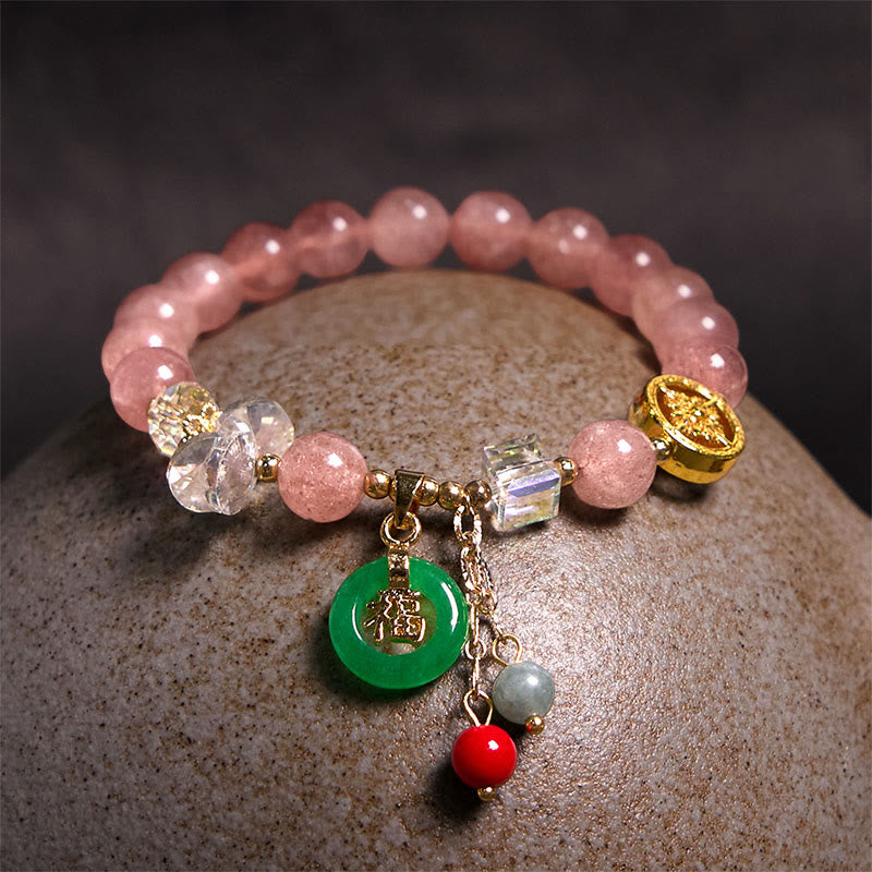 Buddha Stones Strawberry Quartz Jade Fu Character Charm Healing Bracelet - image 2