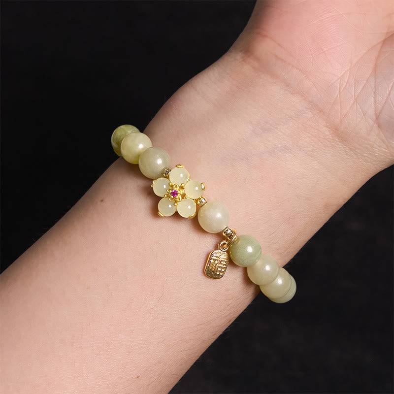 Buddha Stones Green Jade Flower Fu Character Charm Luck Bracelet - image 8