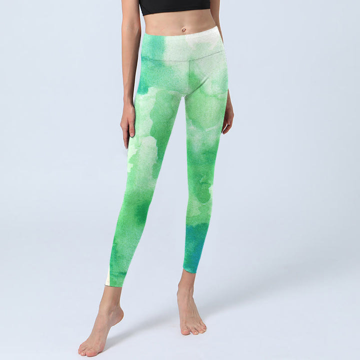 Buddha Stones Green Ink Wash Pattern Gym Leggings Women's Yoga Pants - image 5