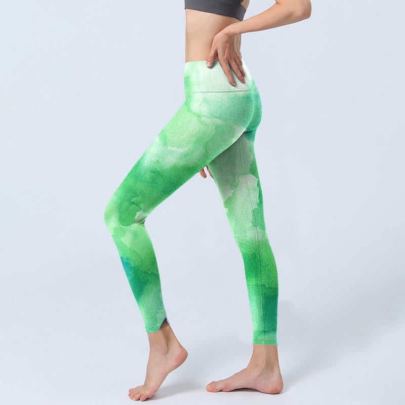 Buddha Stones Green Ink Wash Pattern Gym Leggings Women's Yoga Pants - image 2