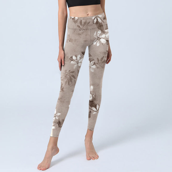 Buddha Stones White Brown Flowers Pattern Gym Leggings Women's Yoga Pants - image 5