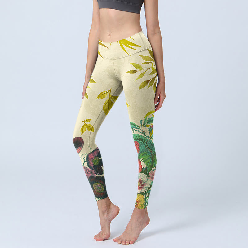 Buddha Stones Golden Green Leaves Colorful Flowers Gym Leggings Women's Yoga Pants - Khaki - US18，UK/AU22，EU50 (4XL) - image 0