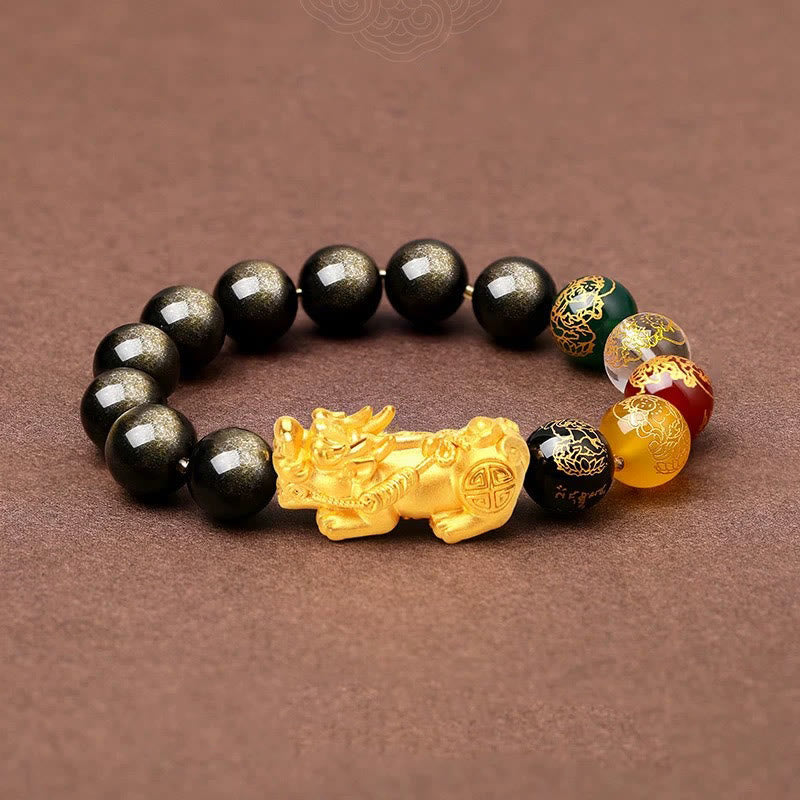 Buddha Stones Natural Gold Sheen Obsidian PiXiu Five Directions Gods of Wealth Protection Bracelet - image 10