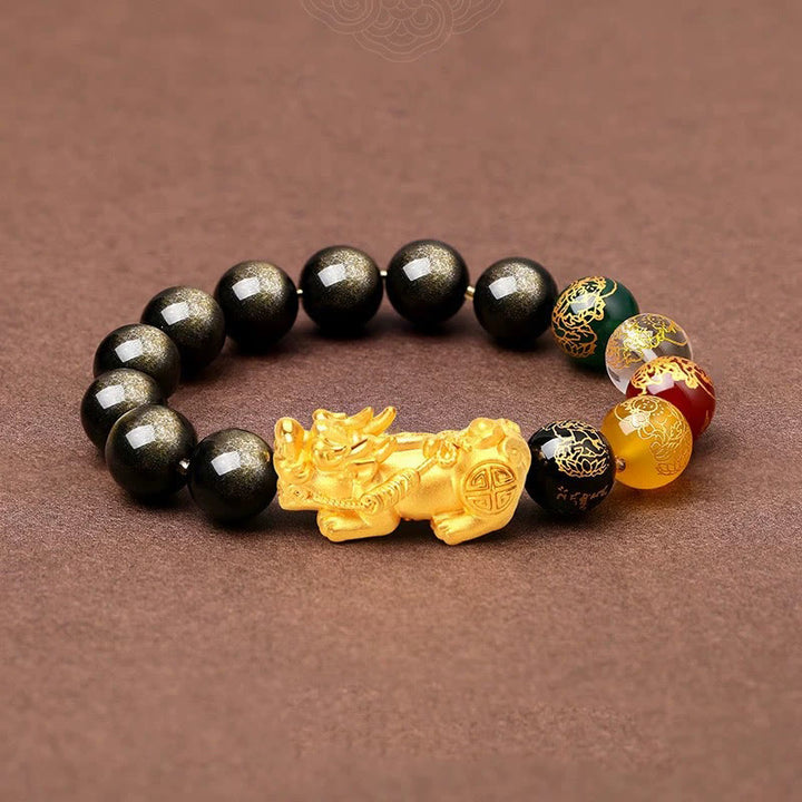 Buddha Stones Natural Gold Sheen Obsidian PiXiu Five Directions Gods of Wealth Protection Bracelet - image 10