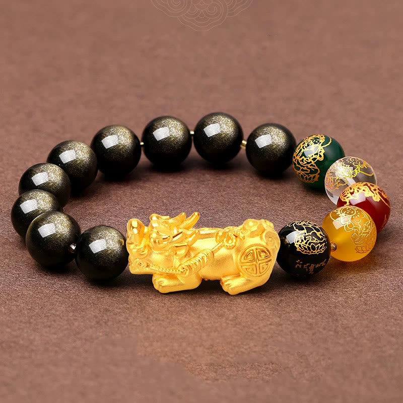 Buddha Stones Natural Gold Sheen Obsidian PiXiu Five Directions Gods of Wealth Protection Bracelet - 14mm(Wrist Circumference 17-18cm) - image 14