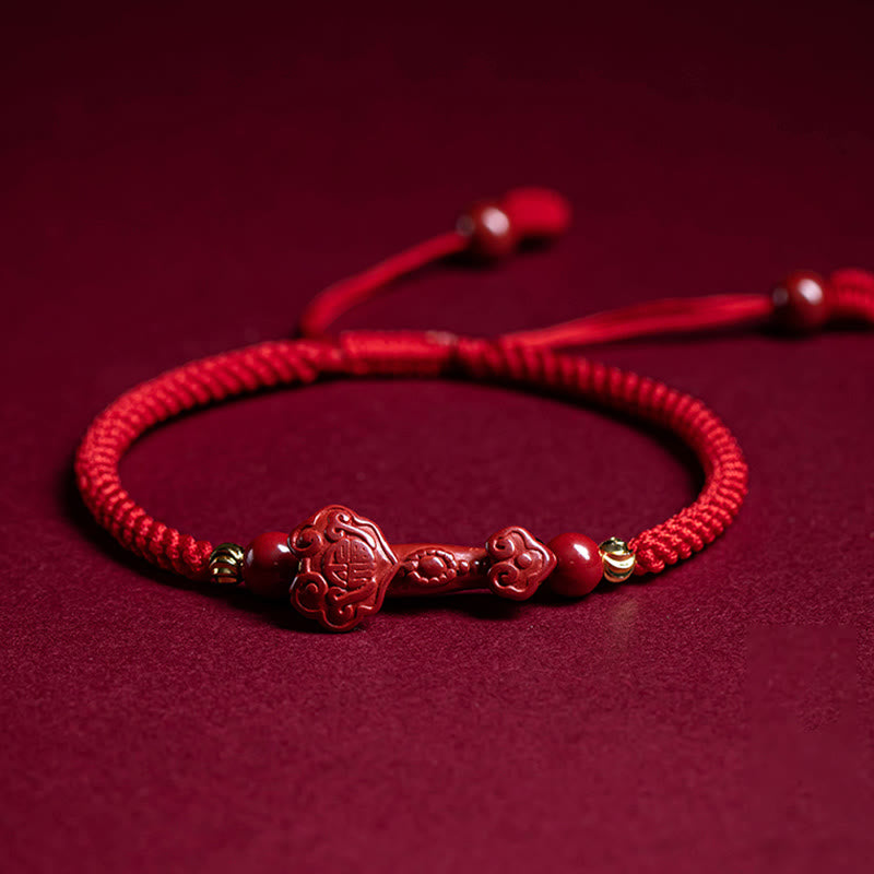 Buddha Stones Handmade Cinnabar Ruyi Handle Fu Character PiXiu Blessing Red String Braided Bracelet - image 2