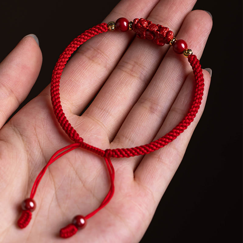 Buddha Stones Handmade Cinnabar Ruyi Handle Fu Character PiXiu Blessing Red String Braided Bracelet - image 17