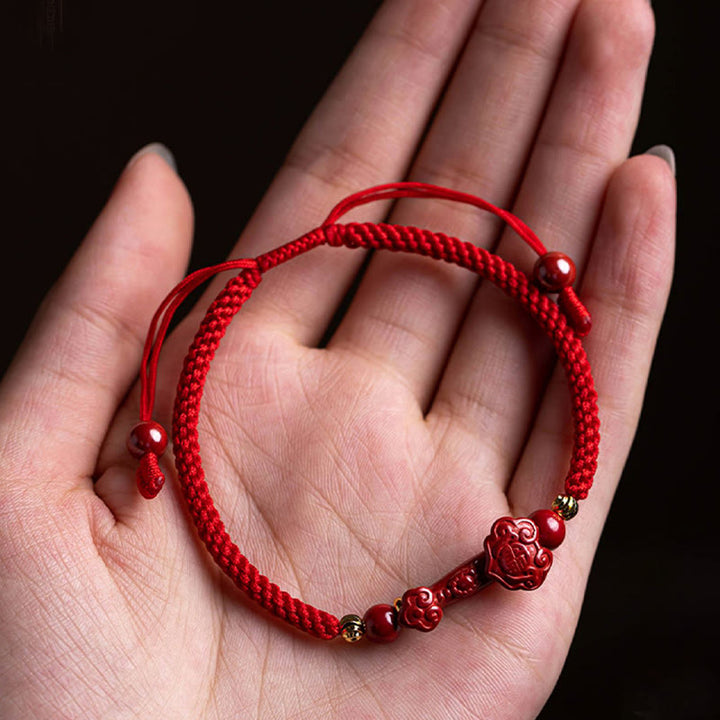 Buddha Stones Handmade Cinnabar Ruyi Handle Fu Character PiXiu Blessing Red String Braided Bracelet - image 9