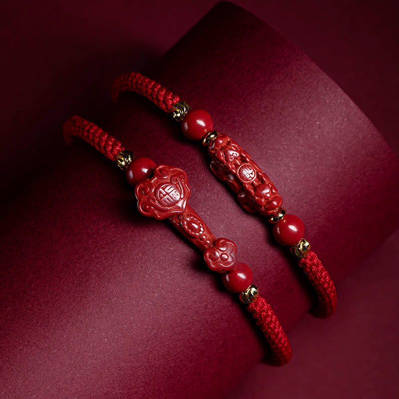 Buddha Stones Handmade Cinnabar Ruyi Handle Fu Character PiXiu Blessing Red String Braided Bracelet - image 1