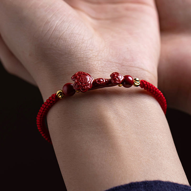Buddha Stones Handmade Cinnabar Ruyi Handle Fu Character PiXiu Blessing Red String Braided Bracelet - image 3