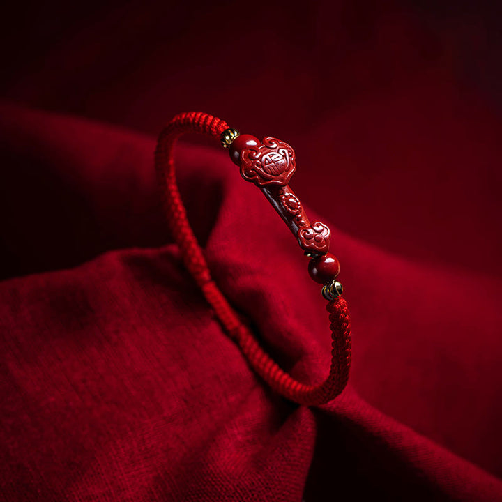 Buddha Stones Handmade Cinnabar Ruyi Handle Fu Character PiXiu Blessing Red String Braided Bracelet - Cinnabar Fu Character(Wrist Circumference: 14-20cm) - image 0
