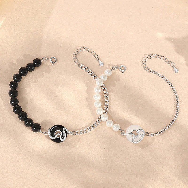 Buddha Stones Black Obsidian Black Onyx Chalcedony Peace Buckle 925 Sterling Silver Year Of The Snake Pearl Purification Couple's Bracelet - image 1