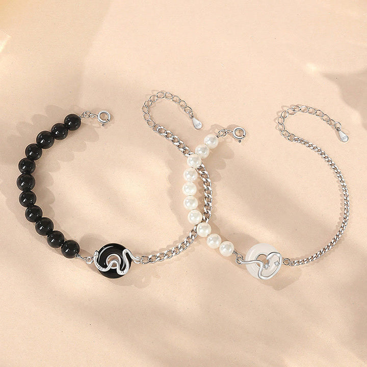 Buddha Stones Black Obsidian Black Onyx Chalcedony Peace Buckle 925 Sterling Silver Year Of The Snake Pearl Purification Couple's Bracelet - image 1