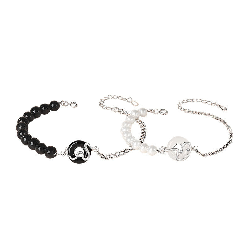 Buddha Stones Black Obsidian Black Onyx Chalcedony Peace Buckle 925 Sterling Silver Year Of The Snake Pearl Purification Couple's Bracelet - image 13