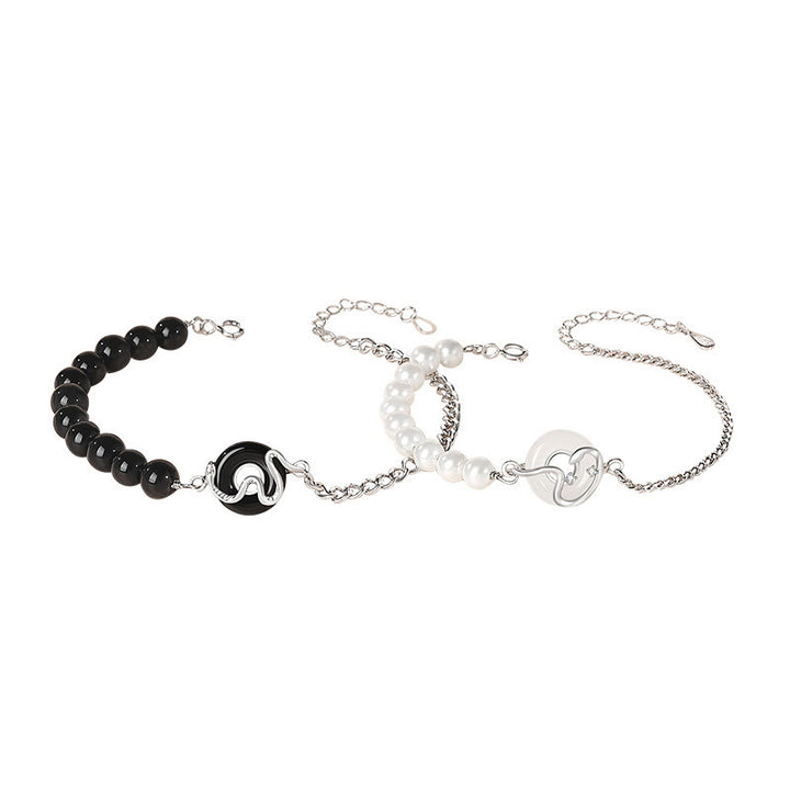 Buddha Stones Black Obsidian Black Onyx Chalcedony Peace Buckle 925 Sterling Silver Year Of The Snake Pearl Purification Couple's Bracelet - image 13