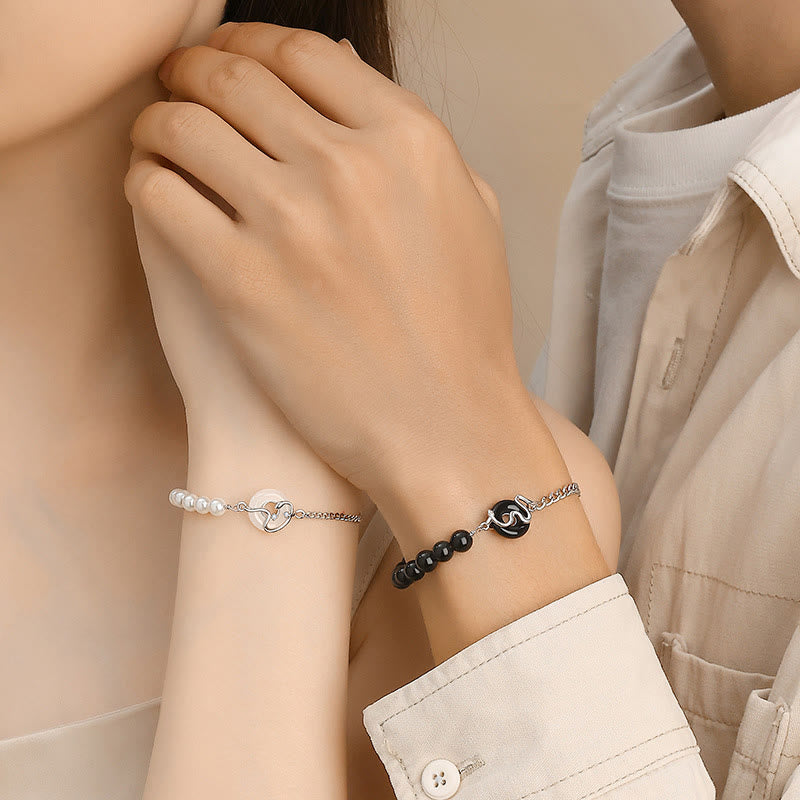 Buddha Stones Black Obsidian Black Onyx Chalcedony Peace Buckle 925 Sterling Silver Year Of The Snake Pearl Purification Couple's Bracelet - image 3
