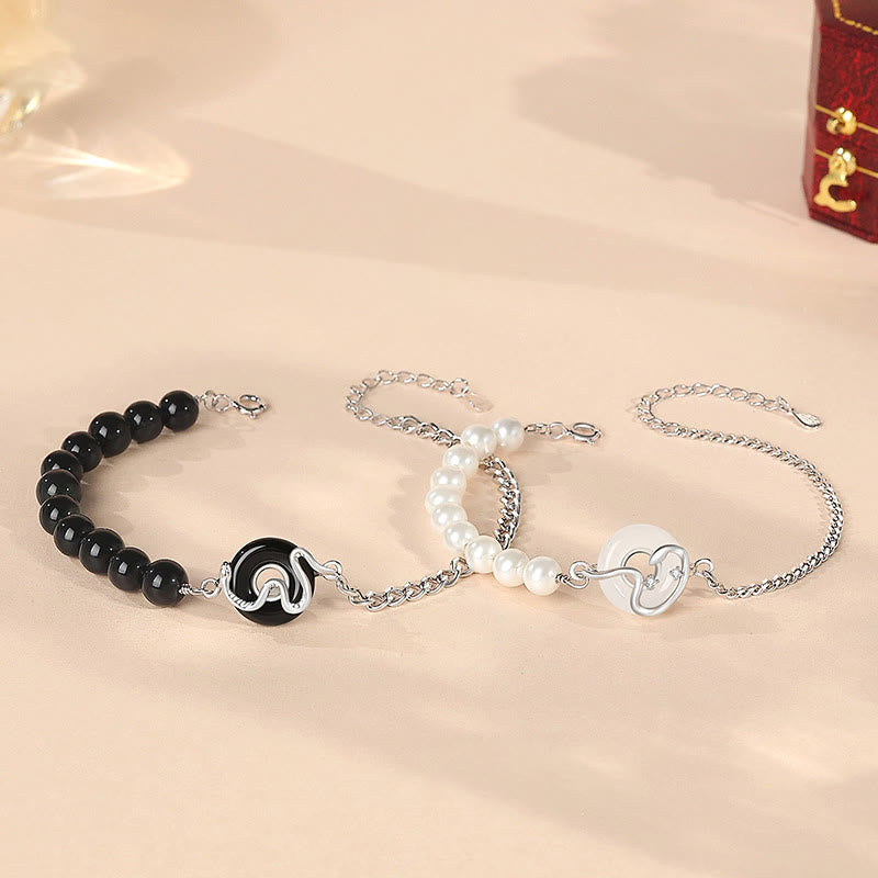 Buddha Stones Black Obsidian Black Onyx Chalcedony Peace Buckle 925 Sterling Silver Year Of The Snake Pearl Purification Couple's Bracelet - image 0