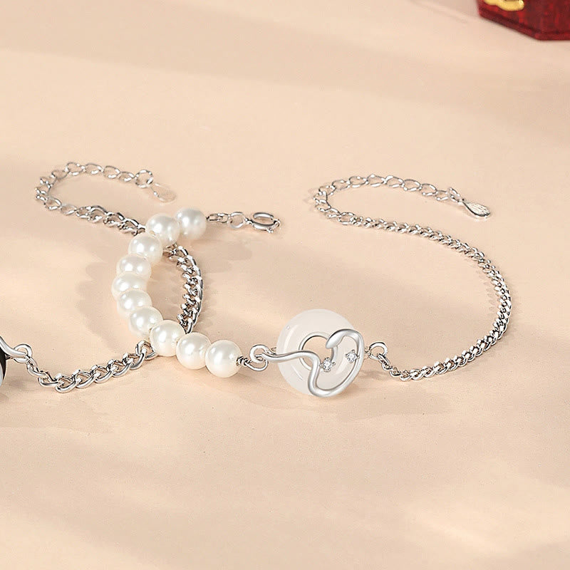 Buddha Stones Black Obsidian Black Onyx Chalcedony Peace Buckle 925 Sterling Silver Year Of The Snake Pearl Purification Couple's Bracelet - Chalcedony Pearl Peace Buckle(Length: 15.5+4cm) - 925 Sterling Silver - image 10