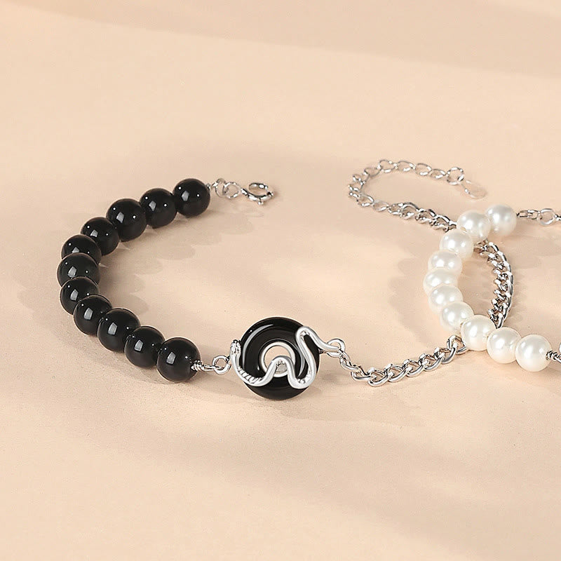 Buddha Stones Black Obsidian Black Onyx Chalcedony Peace Buckle 925 Sterling Silver Year Of The Snake Pearl Purification Couple's Bracelet - Black Obsidian Black Onyx Peace Buckle(Length: 18+4cm) - 925 Sterling Silver - image 4