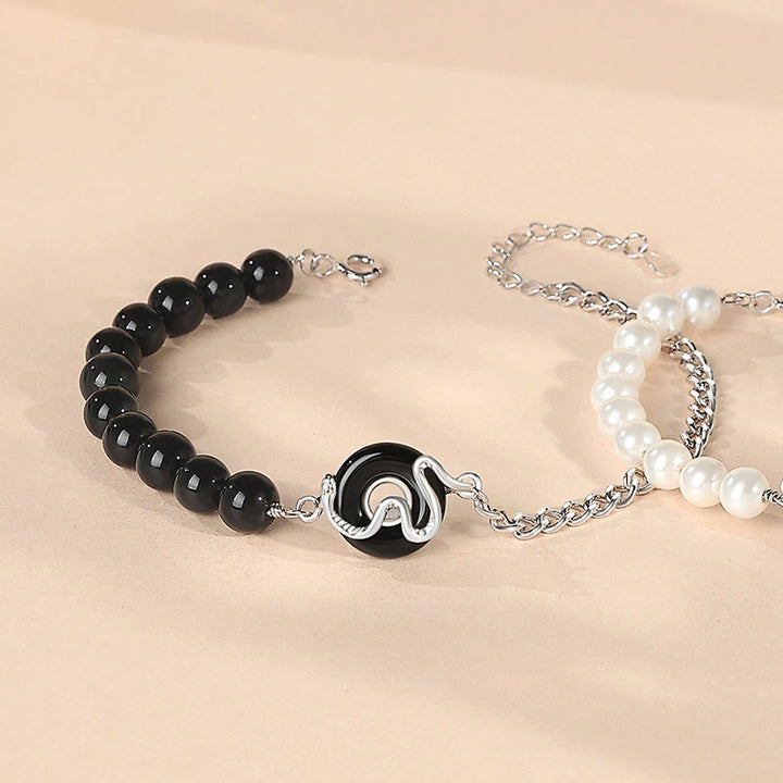 Buddha Stones Black Obsidian Black Onyx Chalcedony Peace Buckle 925 Sterling Silver Year Of The Snake Pearl Purification Couple's Bracelet - Black Obsidian Black Onyx Peace Buckle(Length: 18+4cm) - 925 Sterling Silver - image 4