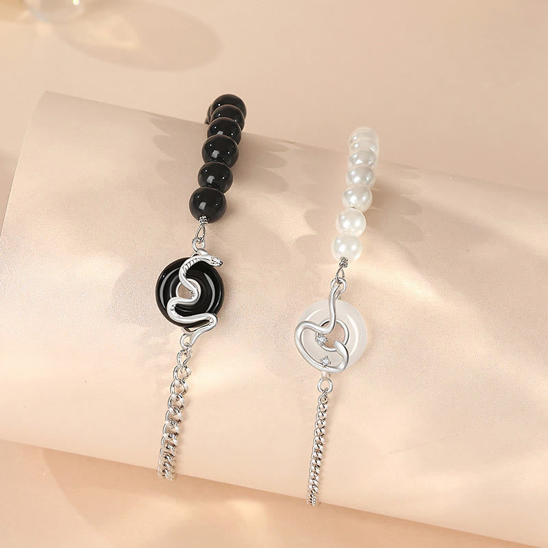 Buddha Stones Black Obsidian Black Onyx Chalcedony Peace Buckle 925 Sterling Silver Year Of The Snake Pearl Purification Couple's Bracelet - image 2