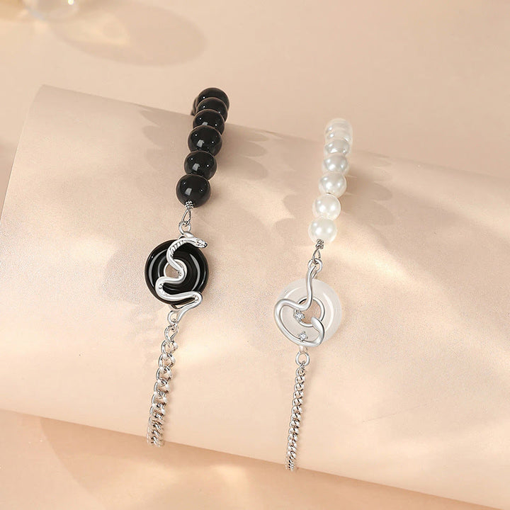 Buddha Stones Black Obsidian Black Onyx Chalcedony Peace Buckle 925 Sterling Silver Year Of The Snake Pearl Purification Couple's Bracelet - image 2