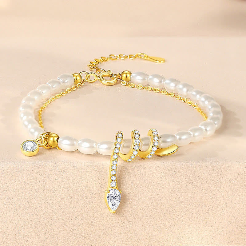 Buddha Stones 925 Sterling Silver Year Of The Snake Pearl Bracelet Necklace Pendant - Pearl Golden Bracelet(Length: 16+4cm) - image 0