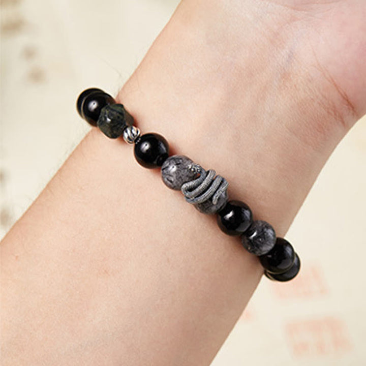 Buddha Stones Black Obsidian Black Rutilated Quartz 925 Sterling Silver Year Of The Snake Purification Bracelet - image 3