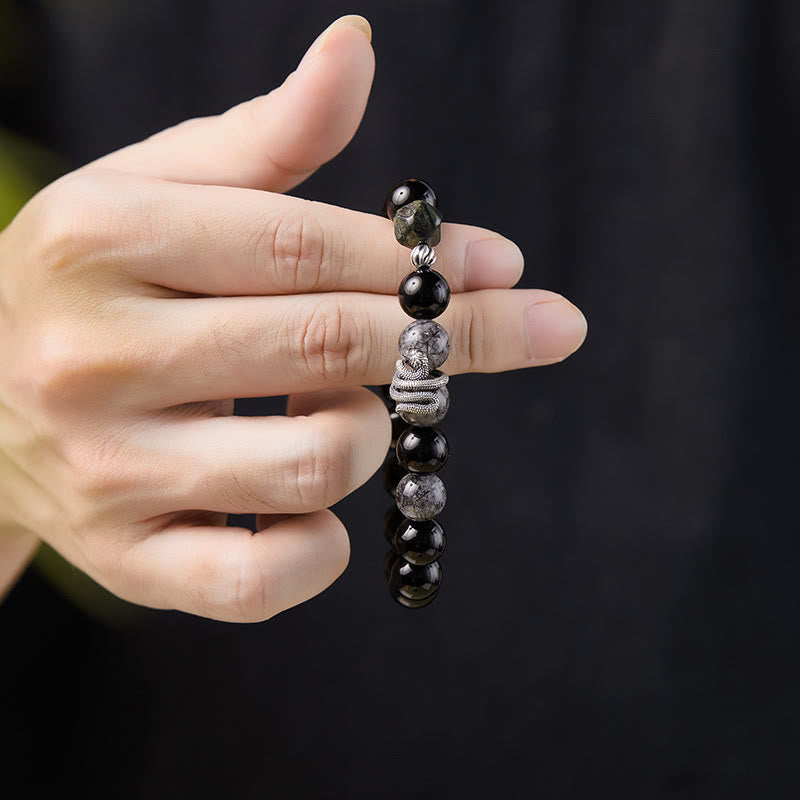Buddha Stones Black Obsidian Black Rutilated Quartz 925 Sterling Silver Year Of The Snake Purification Bracelet - image 2