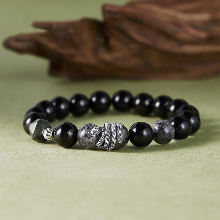 Buddha Stones Black Obsidian Black Rutilated Quartz 925 Sterling Silver Year Of The Snake Purification Bracelet - Black Obsidian Black Rutilated Quartz 925 Sterling Silver(Wrist Circumference: 18-20cm) - image 0