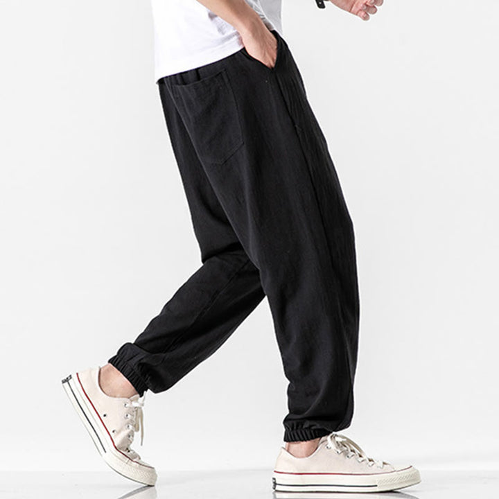 Buddha Stones Solid Color Drawstring Cotton Men's Pants With Pockets - image 9